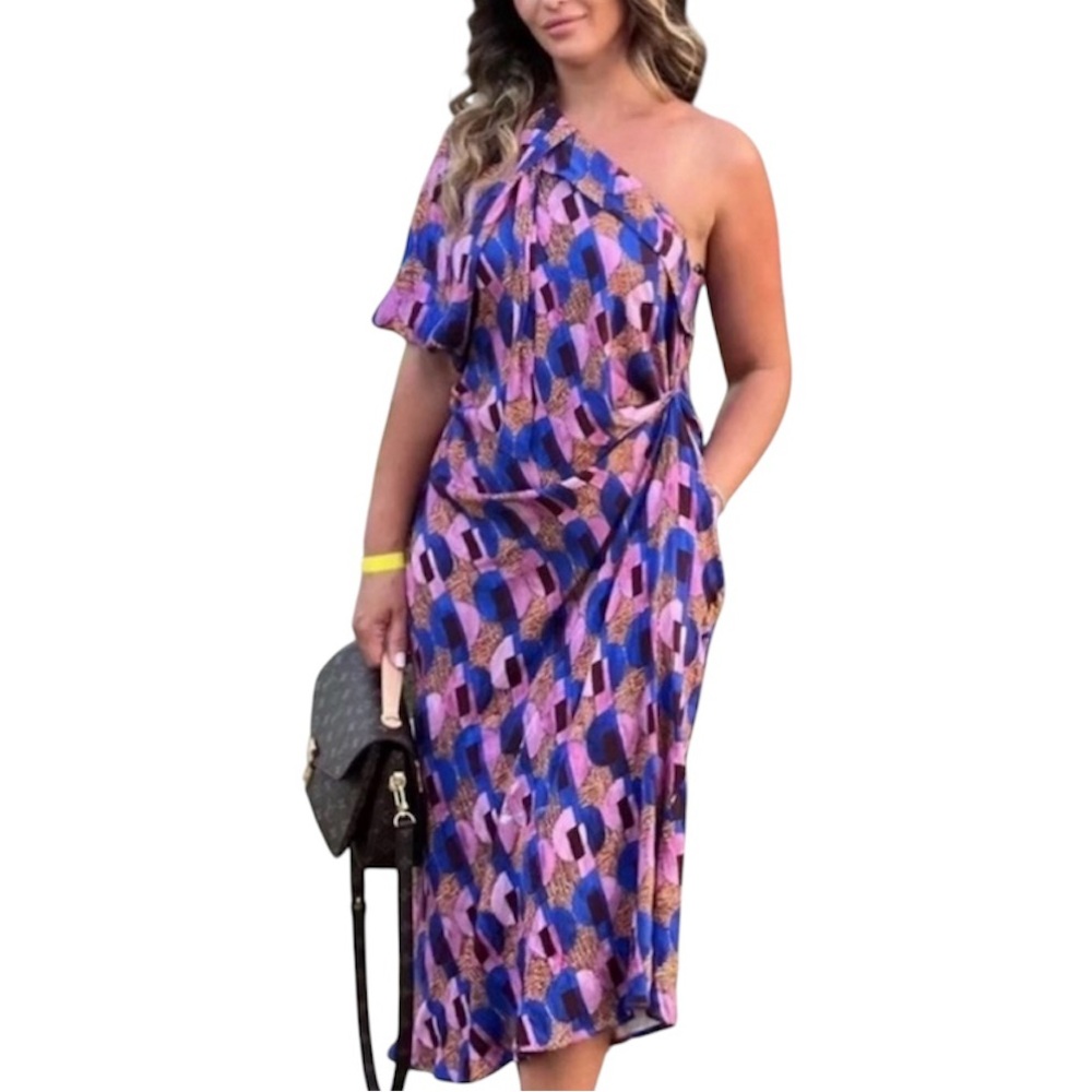 Zara Studio Geometric Print Asymmetrical One-Shoulder Midi Dress Purple Blue Lar